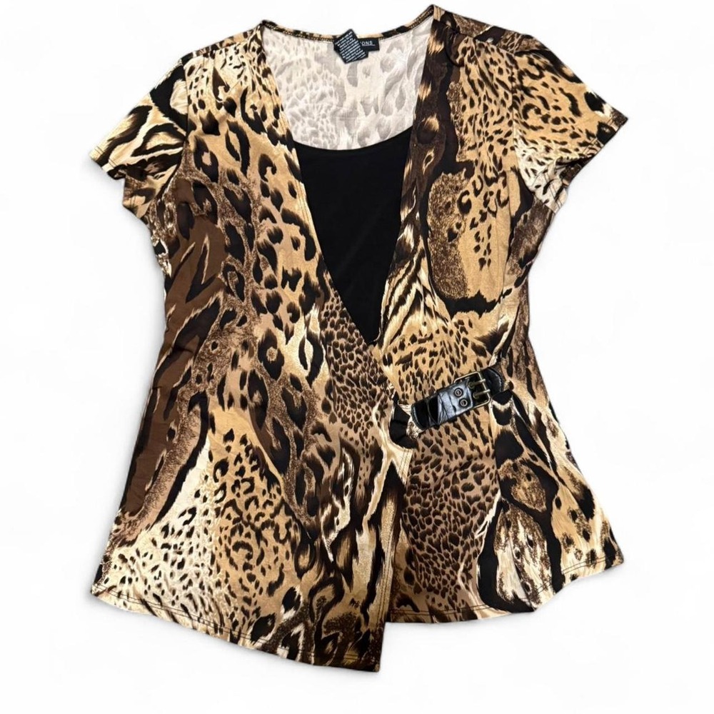 Y2K Animal Print Top Sz M Stretchy Side Buckle Grunge Going Out Indie Sleaze